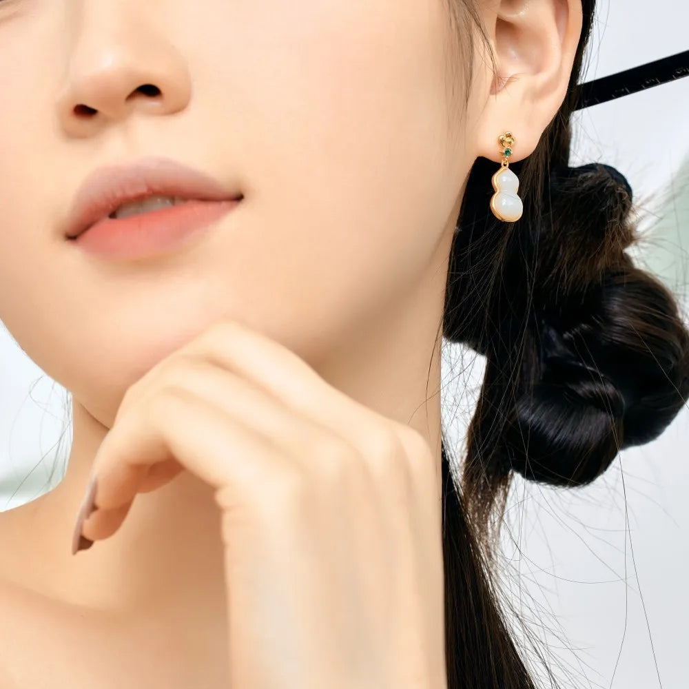 Silver Jade Cut Gourd Drop Earrings