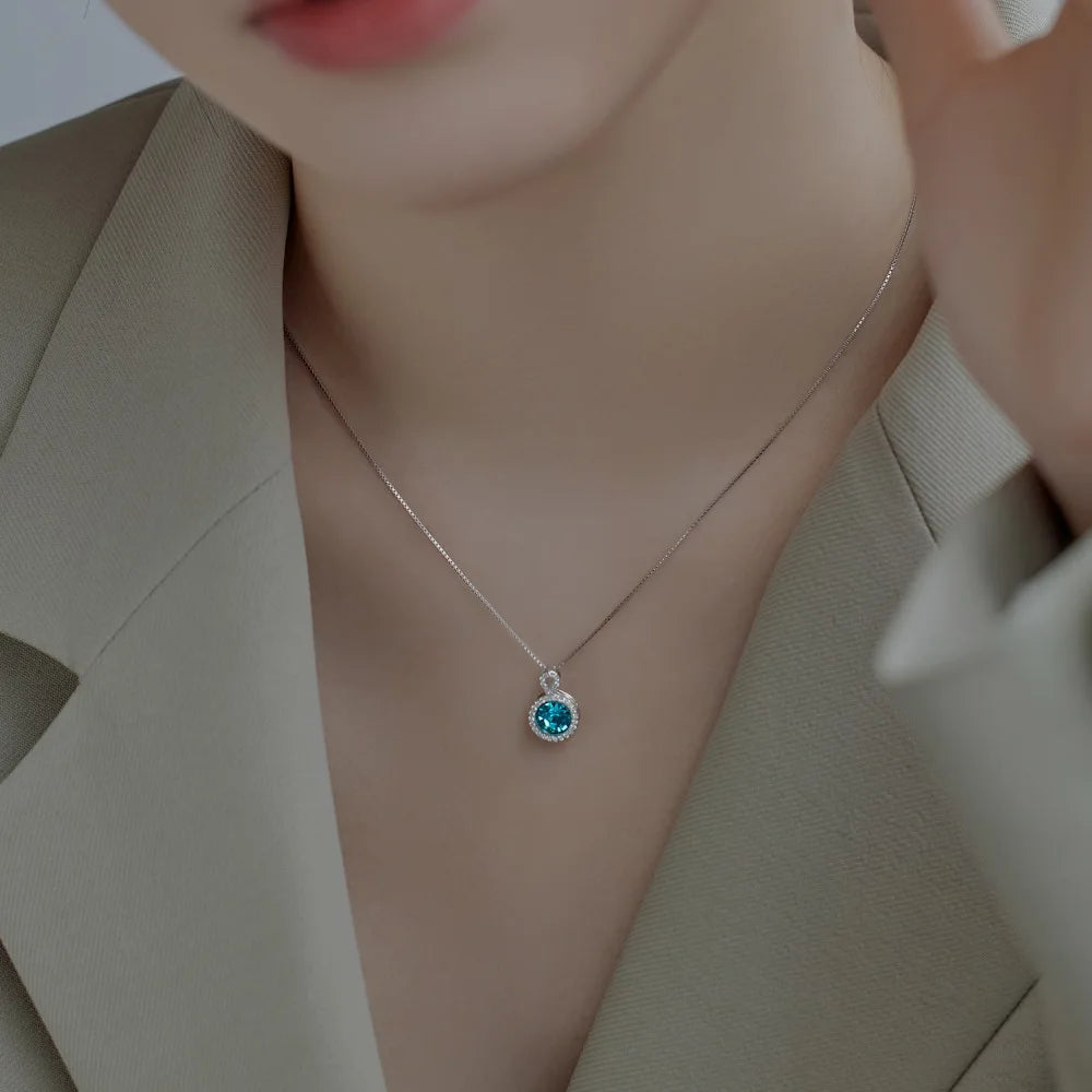 Silver Zircon Round Cut Circle Halo Pendant Necklace