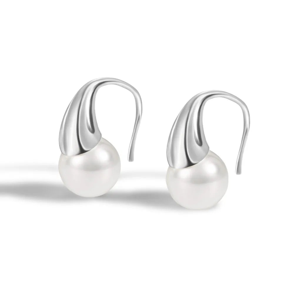 Silver Pearl Geometric Hook Drop Earrings