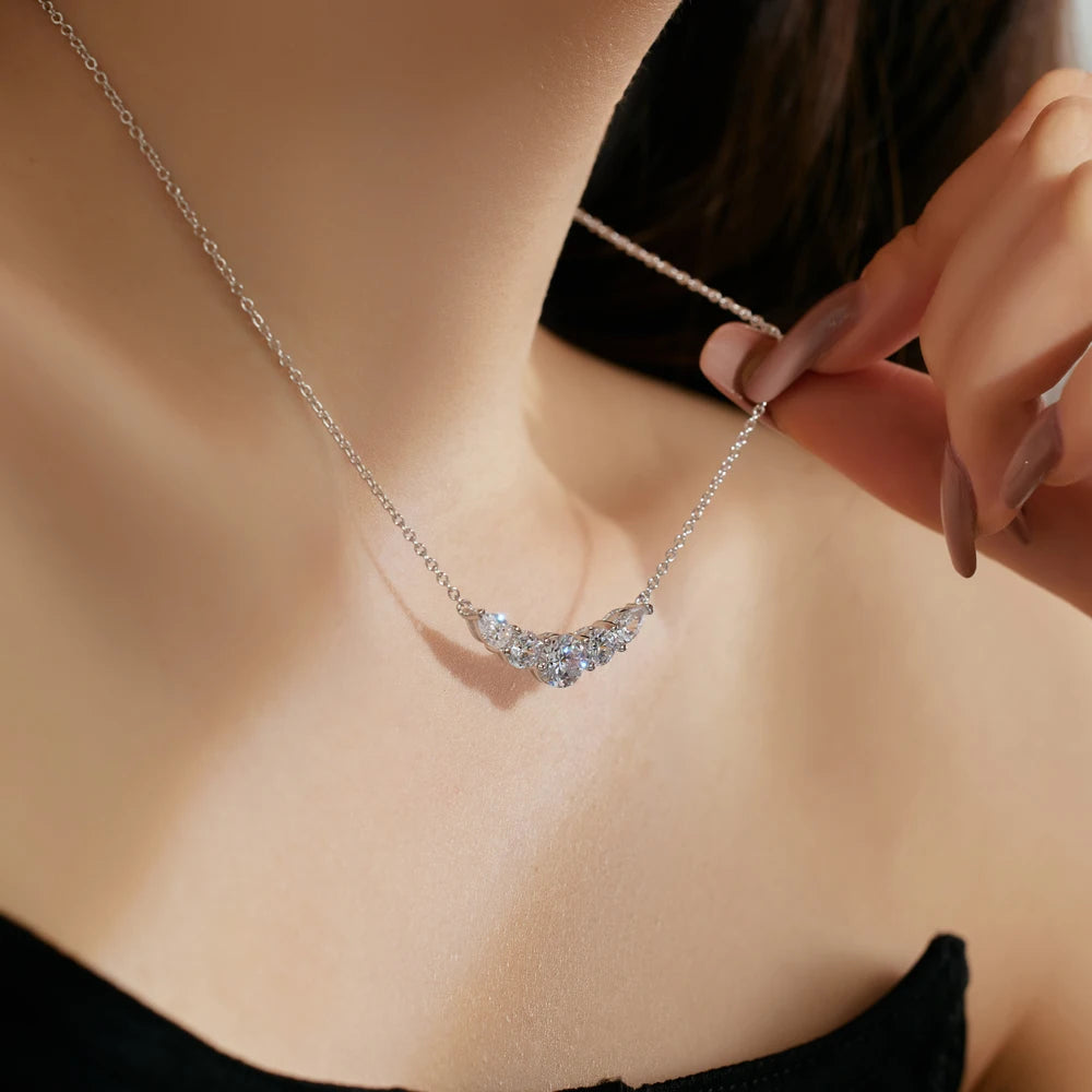 Silver Zircon Pear Cut Smile Bar Necklace