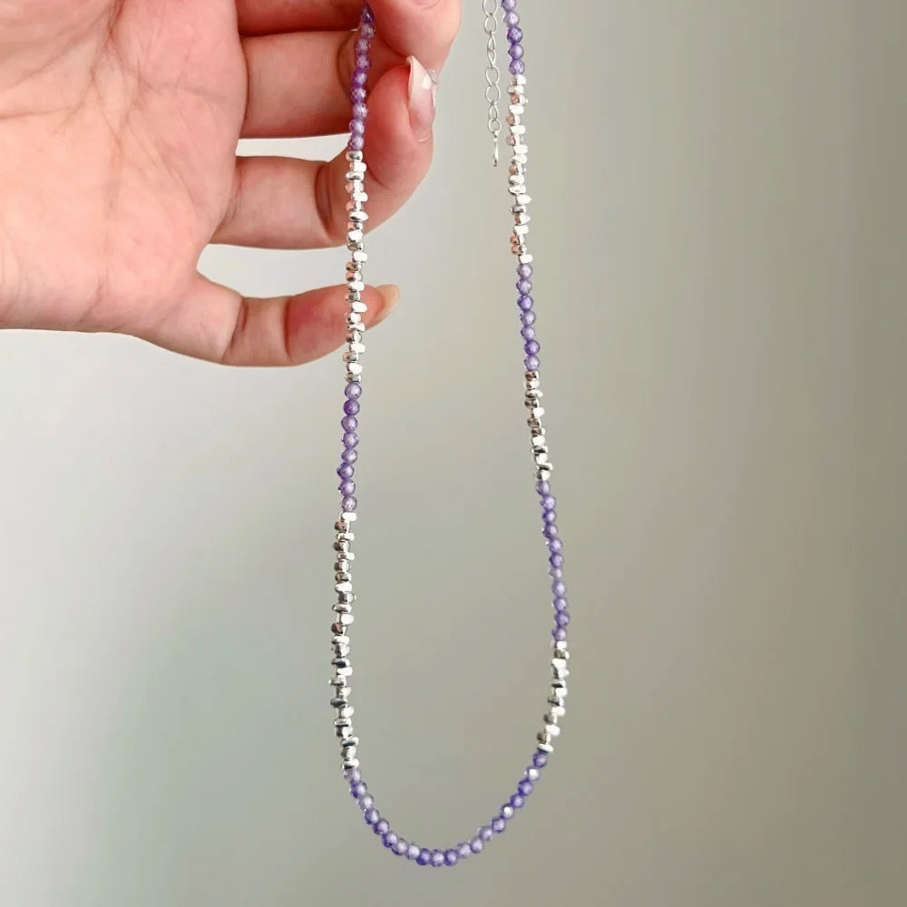 Silver Amethyst Round Cut Multi Shape Beaded Necklace