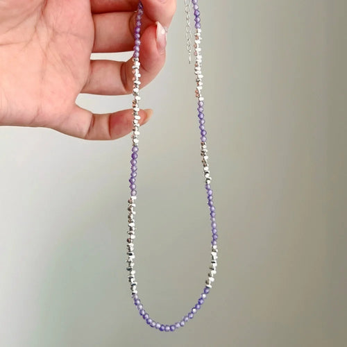 Silver Amethyst Round Cut Multi Shape Beaded Necklace