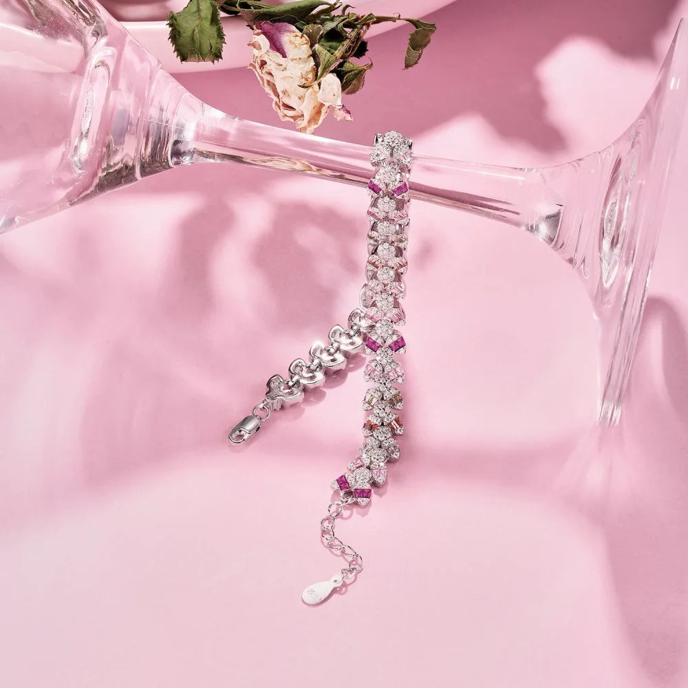 Silver Zircon Tapered Baguette Cut Leaf Tennis Bracelet