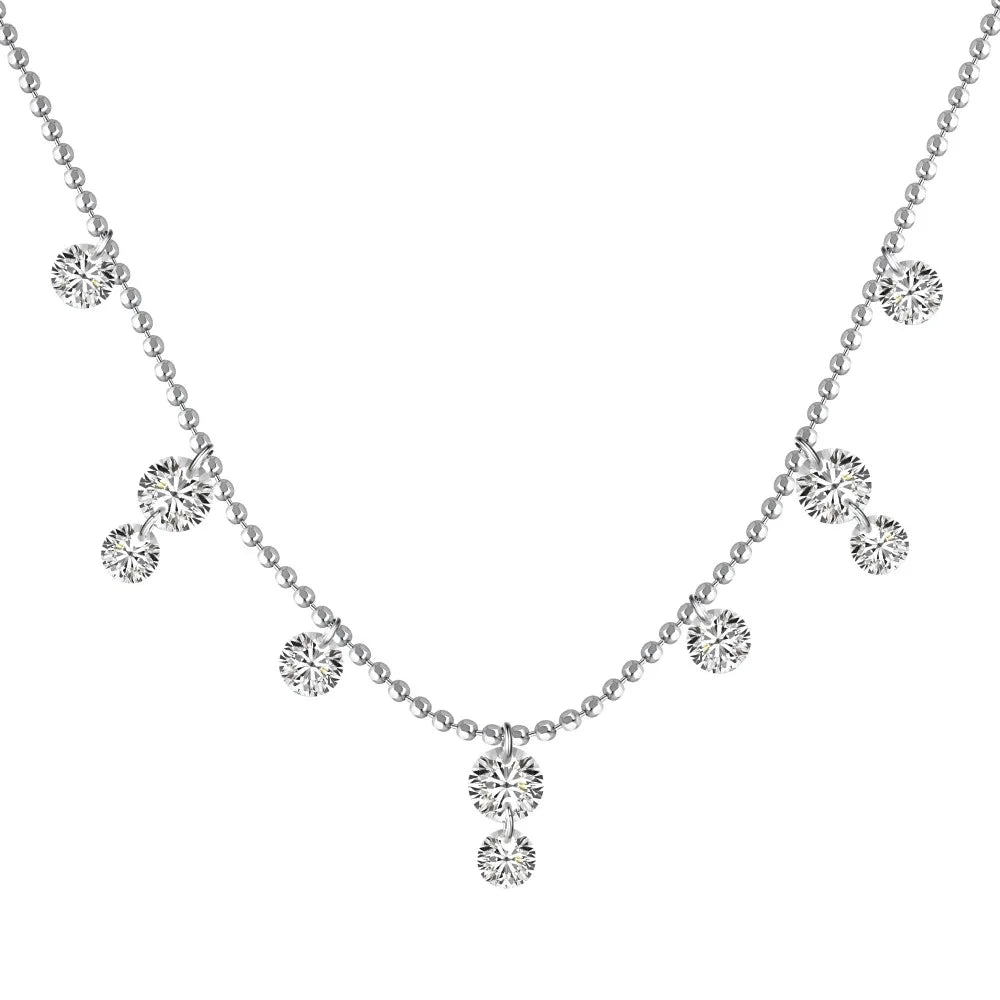 Silver Zircon Round Cut Stacked Tassel Chain Necklace