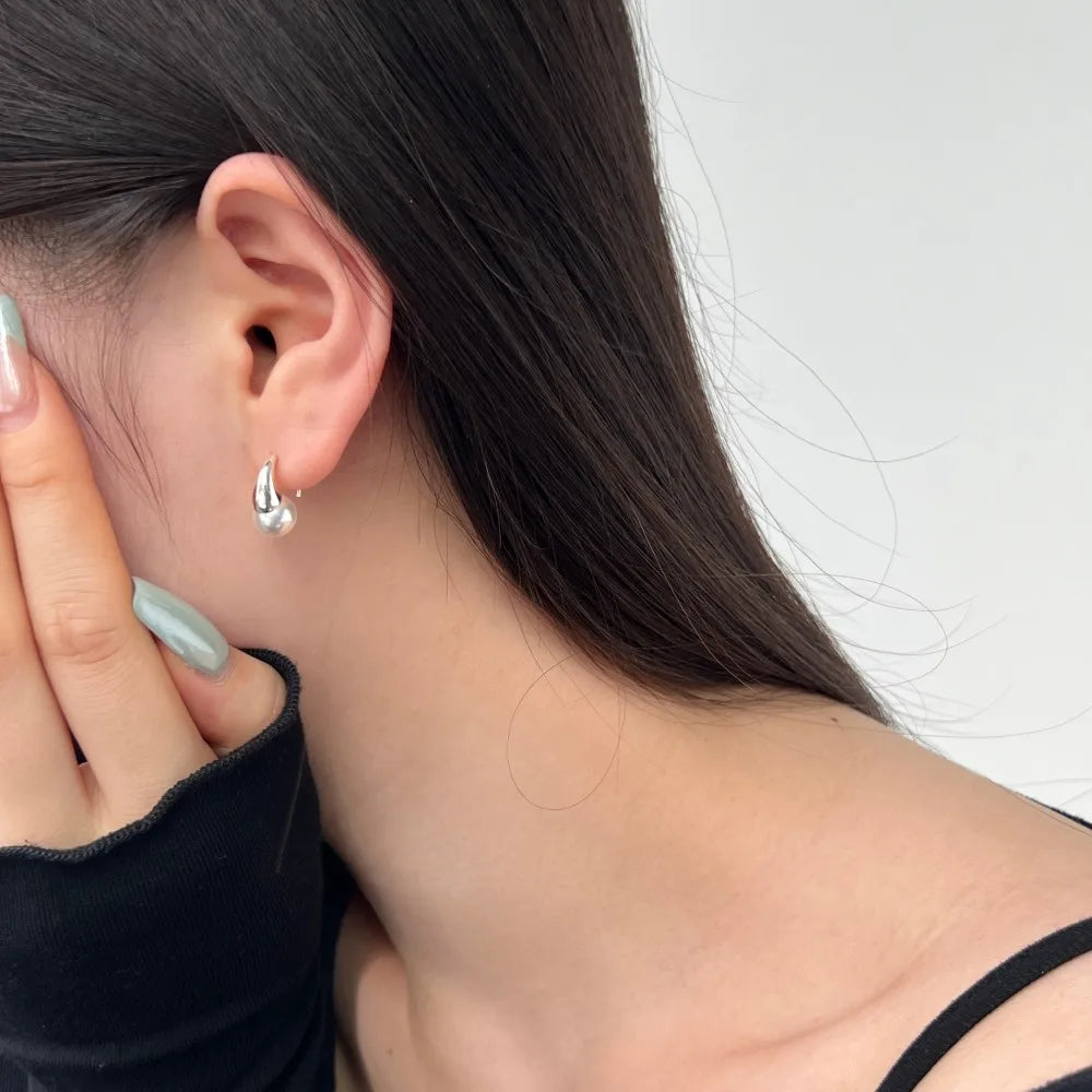 Silver Pearl Geometric Hook Drop Earrings