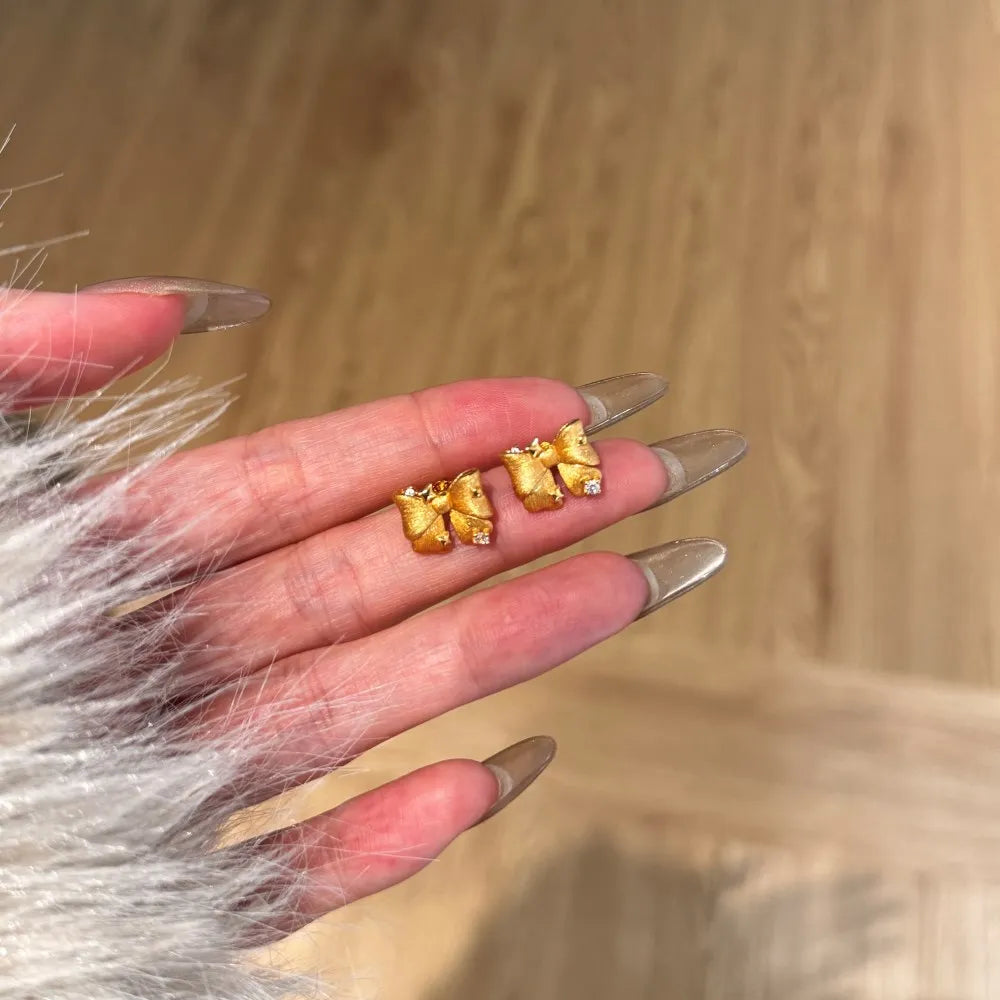 Silver Zircon Round Cut Inlaid Bow Knot Ear Studs