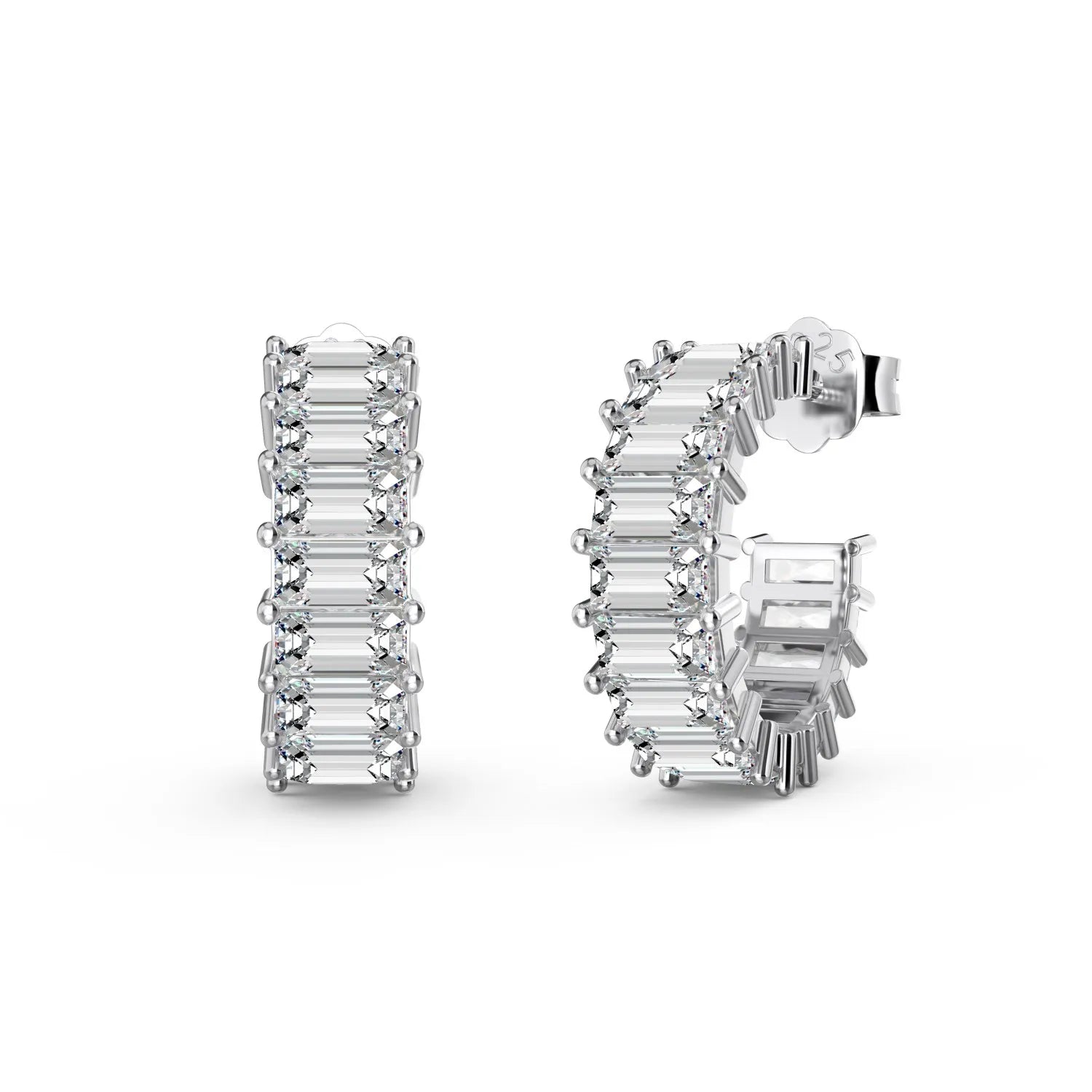 Silver Zircon Emerald Cut Hook Inlaid Ear Hoops