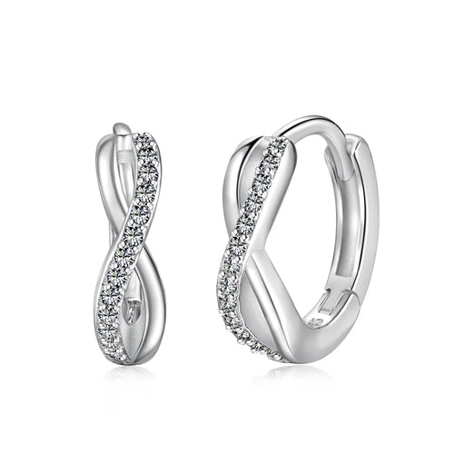 Silver Zircon Round Cut Iced Twisted Huggie Earrings