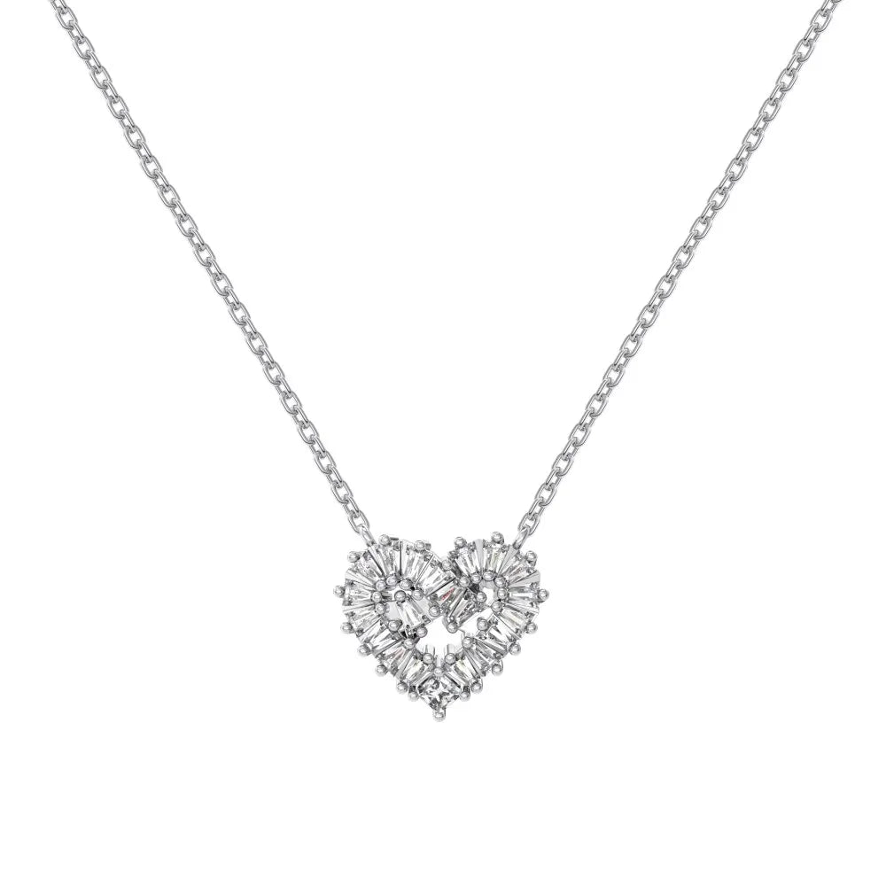 Silver Zircon Baguette Cut Iced Heart Pendant Necklace