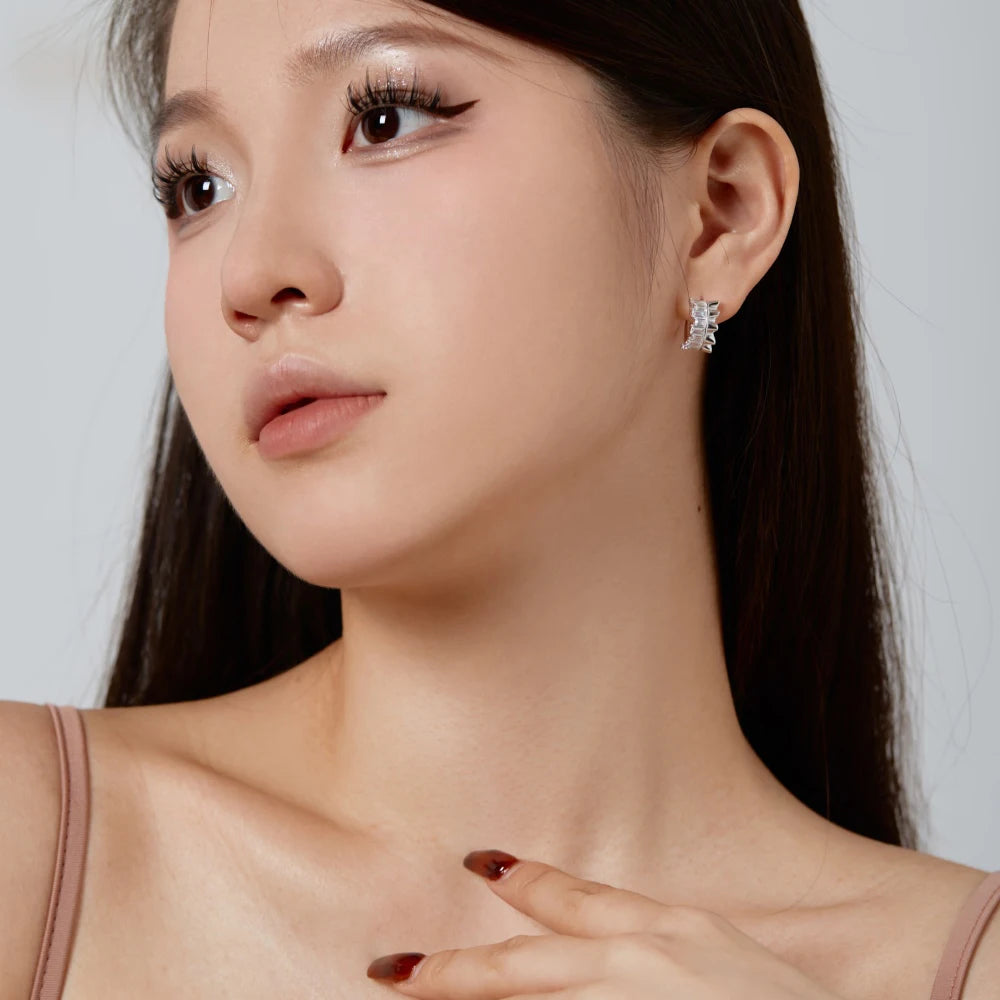 Silver Zircon Emerald Cut Curved Sided Ear Hoops