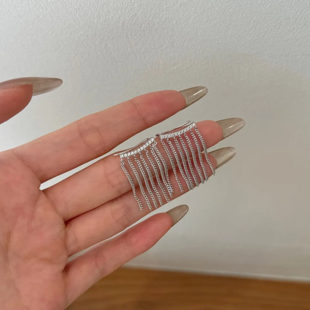 Silver Zircon Round Cut Bar Tassel Drop Earrings