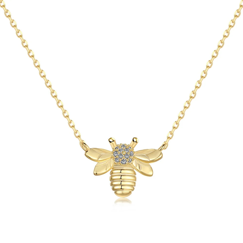 Silver Zircon Round Cut Bee Pendant Necklace