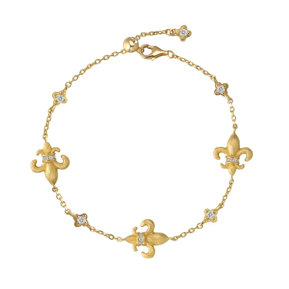 Silver Zircon Round Cut Fleur-De-Lis Charm Bracelet