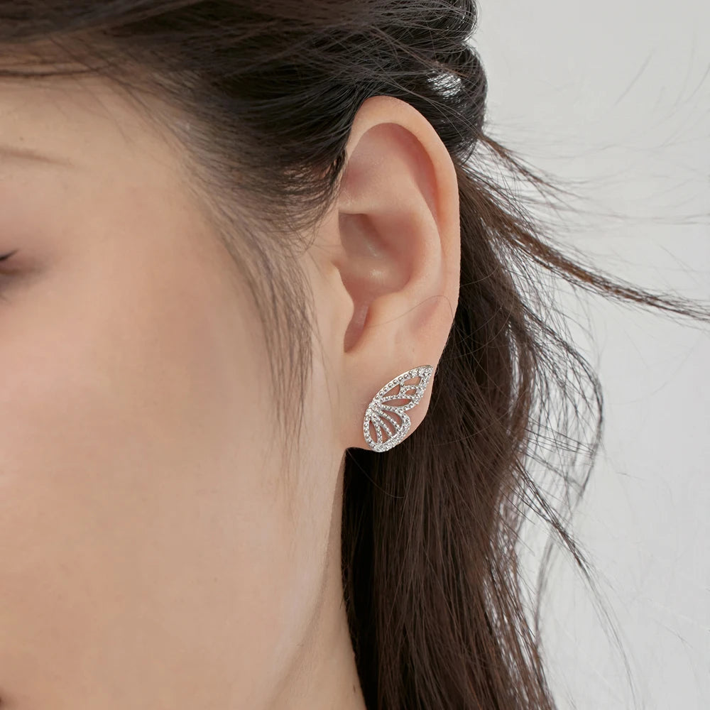 Silver Zircon Round Cut Butterfly Wings Ear Studs