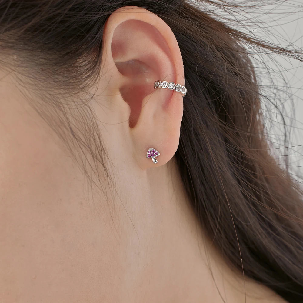 Silver Zircon Round Cut Mushroom Ear Studs