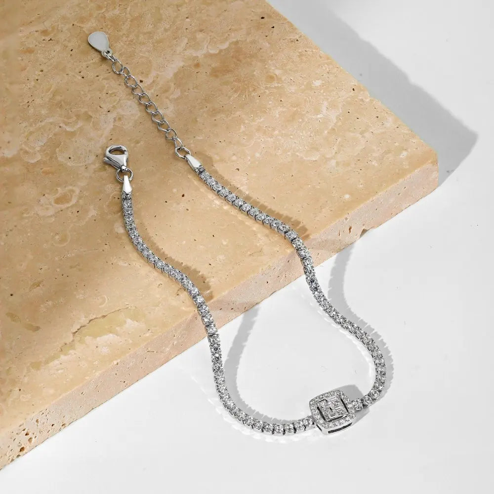 Silver Zircon Baguette Cut Halo Tennis Bracelet