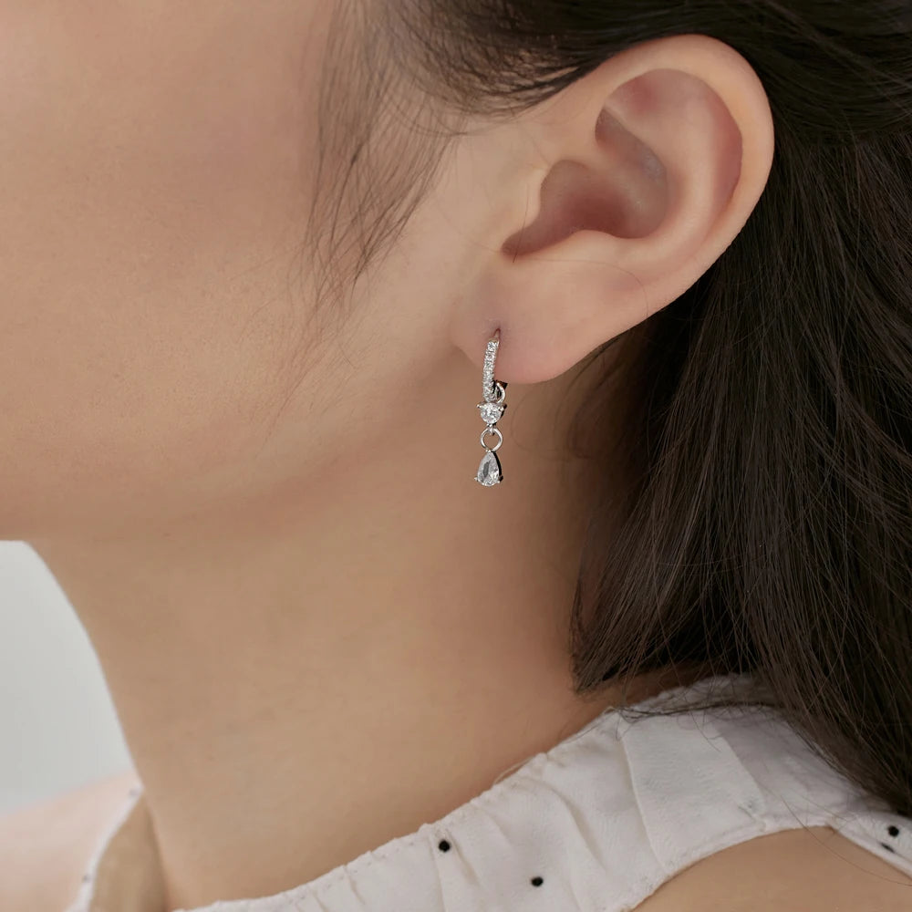 Silver Zircon Pear Cut Iced Water Drop Huggie Earrings