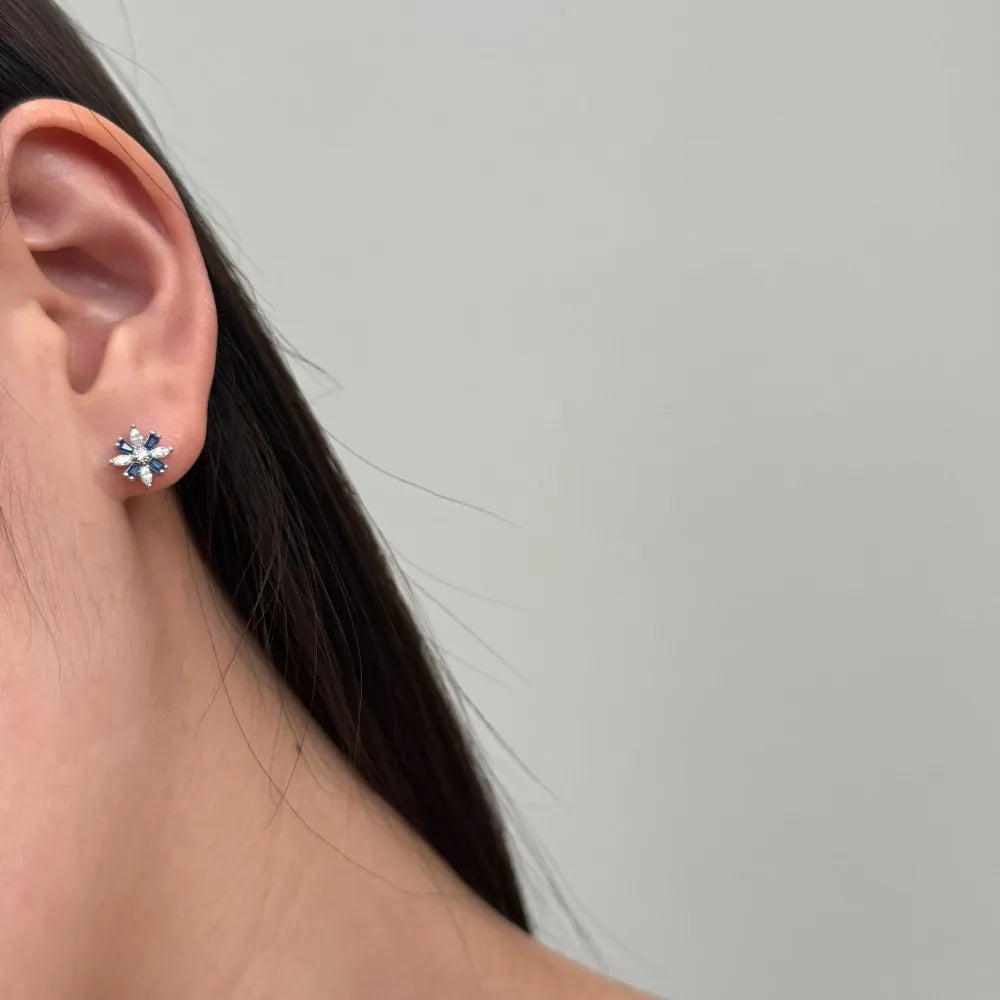 Silver Zircon Tapered Baguette Cut Snowflake Ear Studs