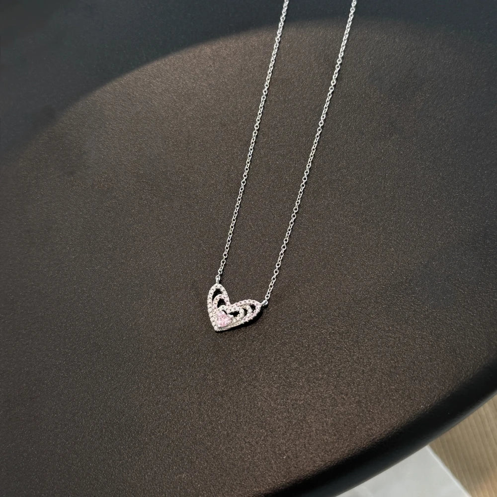 Silver Zircon Heart Cut Multi Layer Heart Pendant Necklace