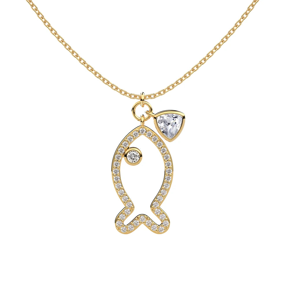 Silver Zircon Trillion Curved Cut Fish Pendant Necklace