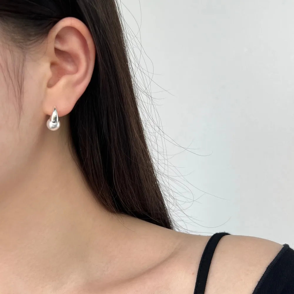 Silver Pearl Geometric Hook Drop Earrings