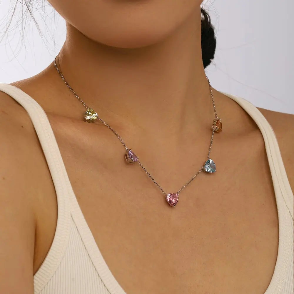 Silver Zircon Heart Cut Charm Chain Necklace
