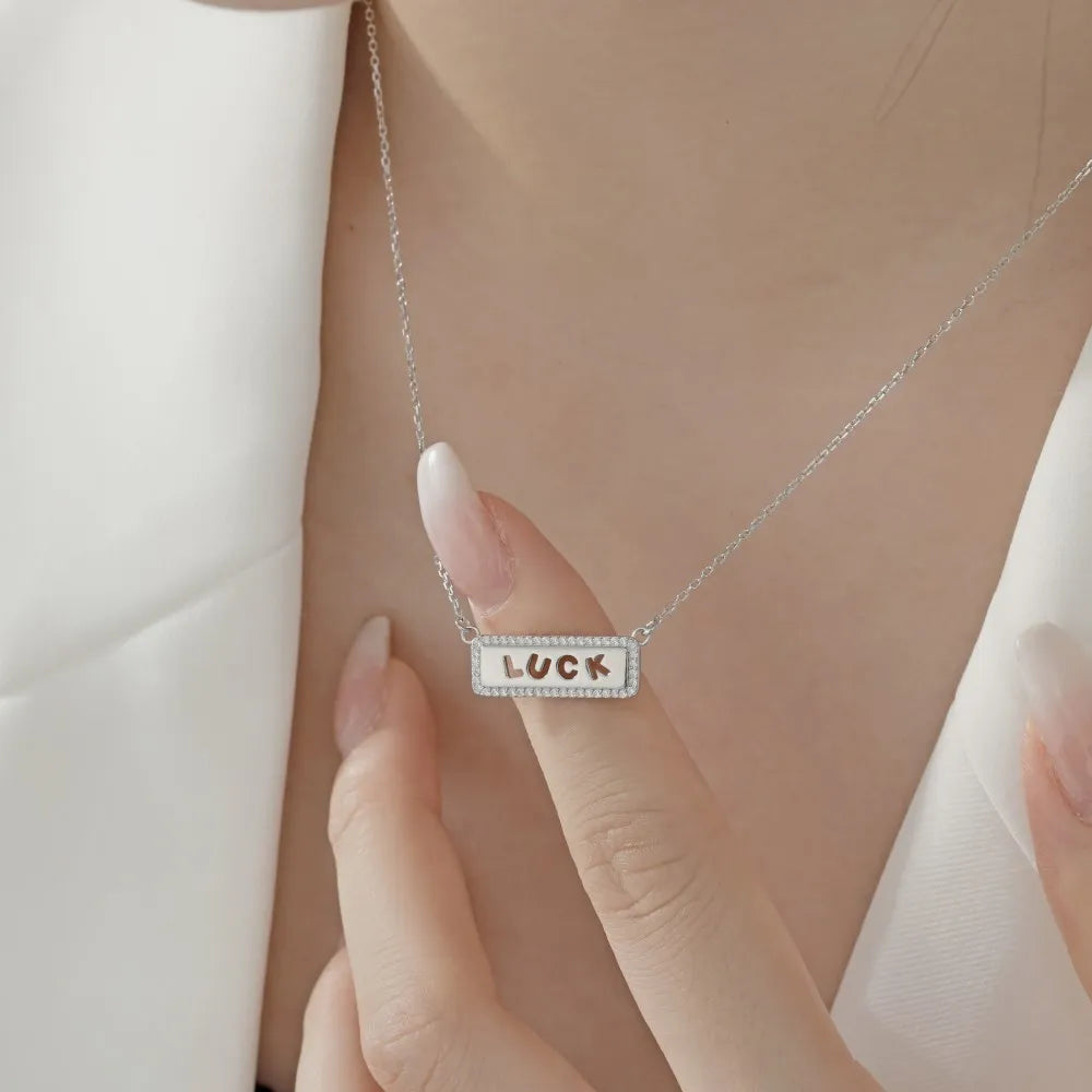 Silver Zircon Round Cut Luck Bar Necklace