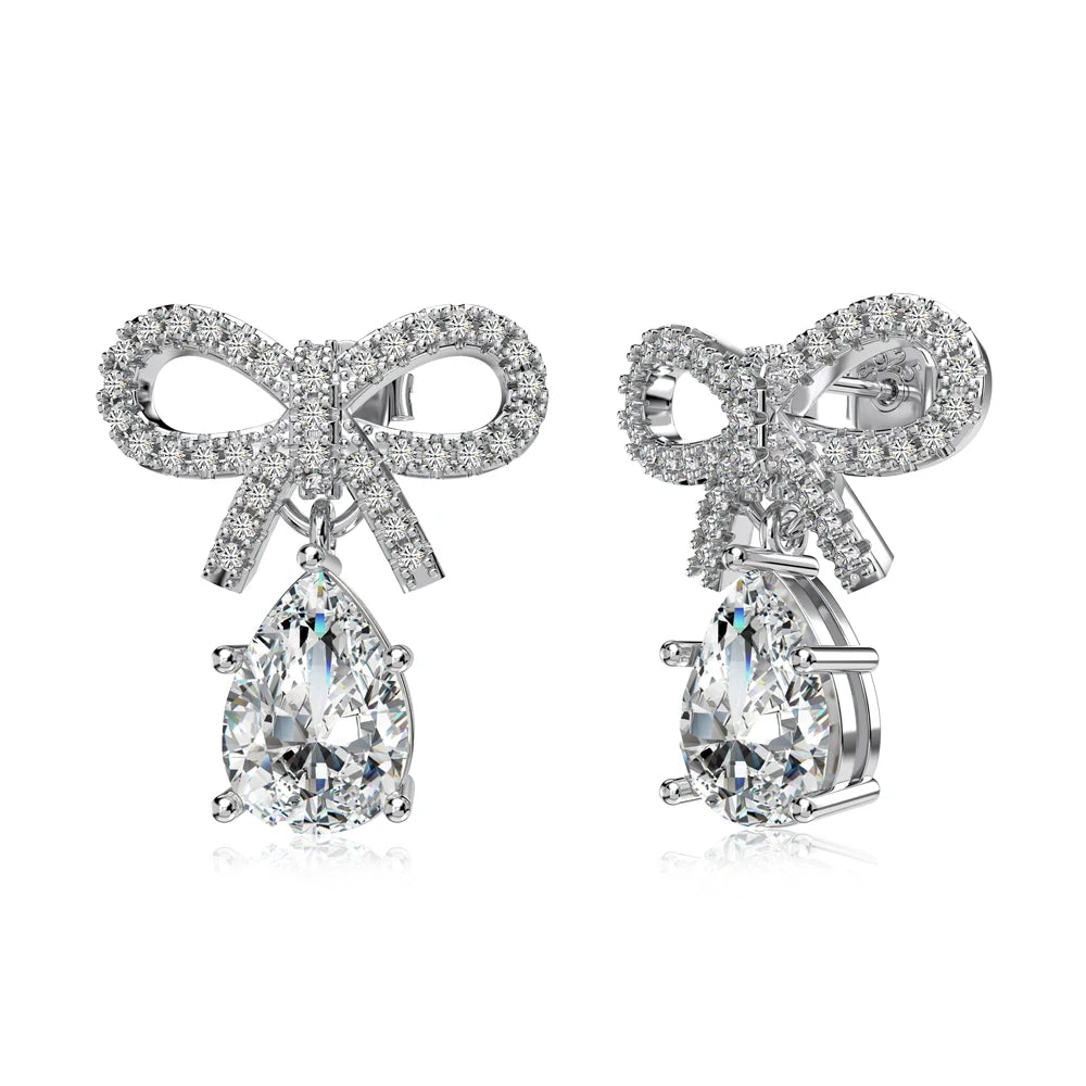 Silver Zircon Pear Cut Bow Drop Earrings