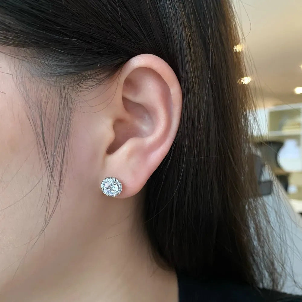 Silver Zircon Round Cut Halo Ear Studs