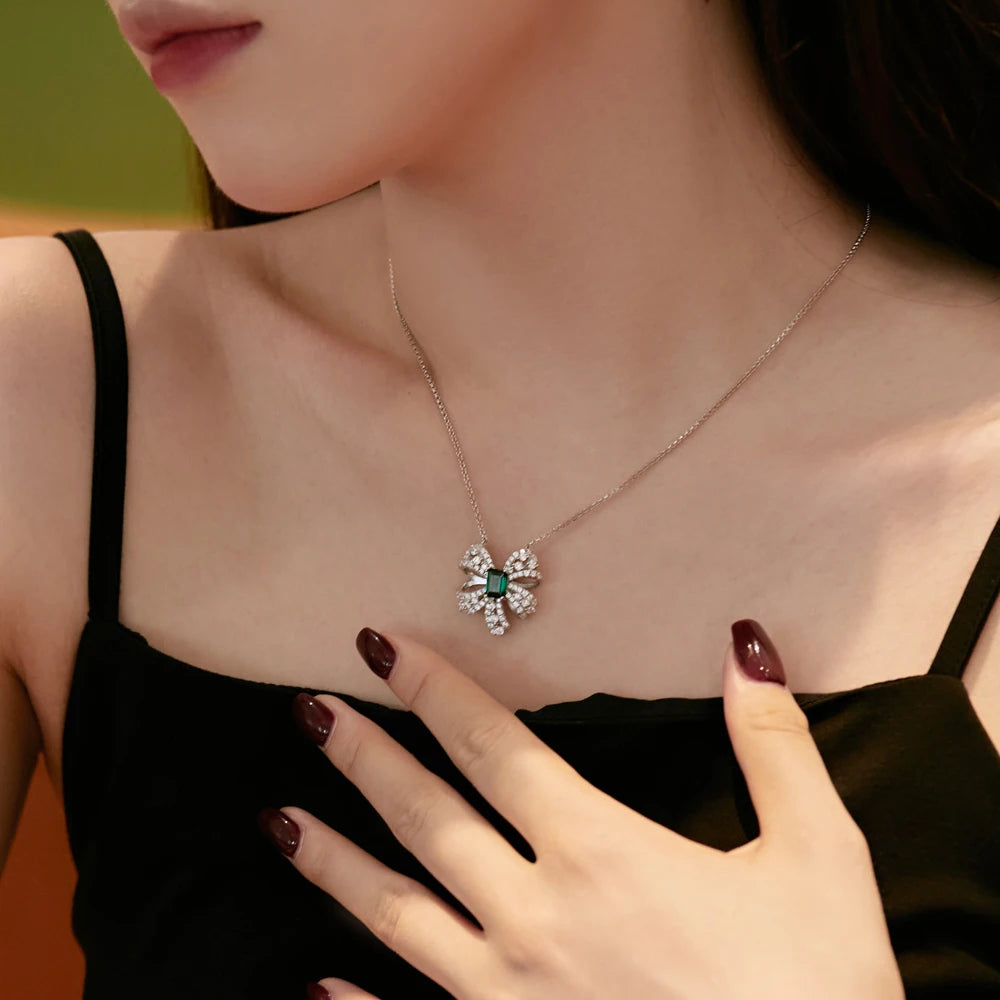Silver Zircon Emerald Cut Inlaid Bow Knot Pendant Necklace
