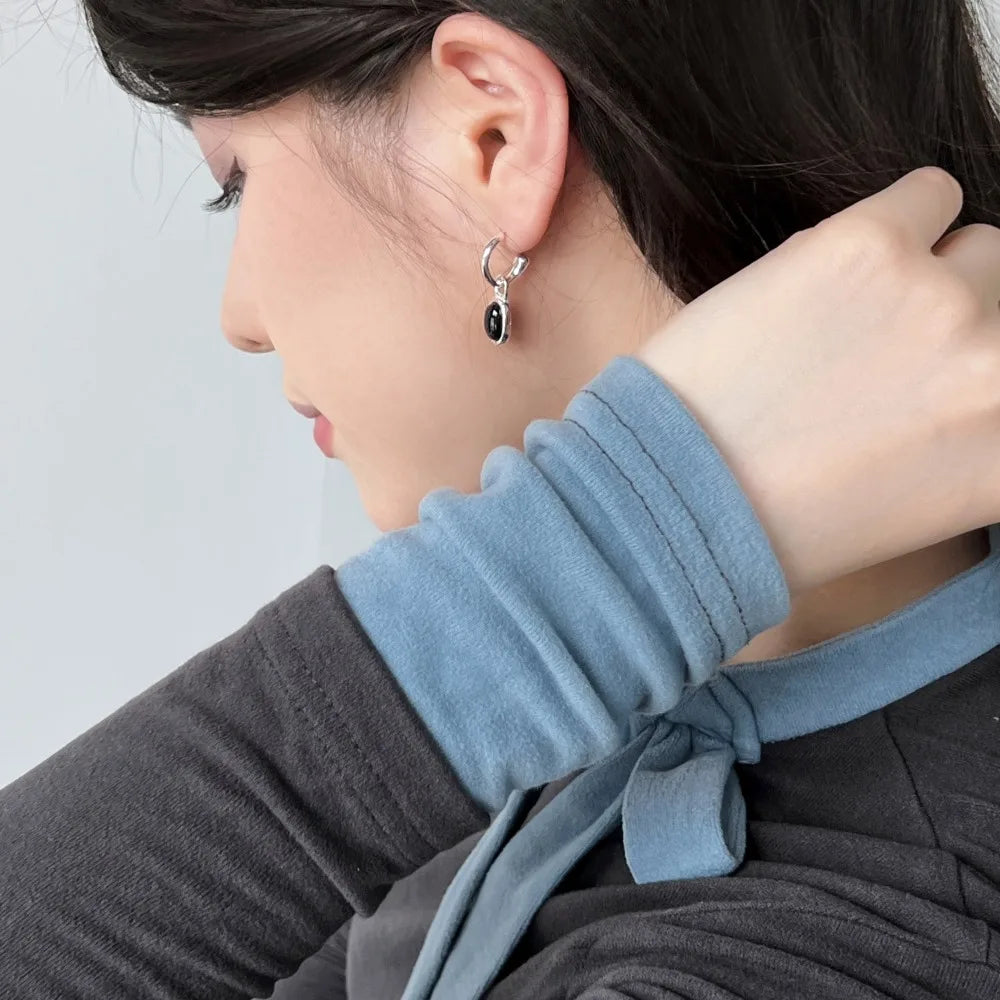 Silver Onyx Oval Cut Dangle Drop Earrings