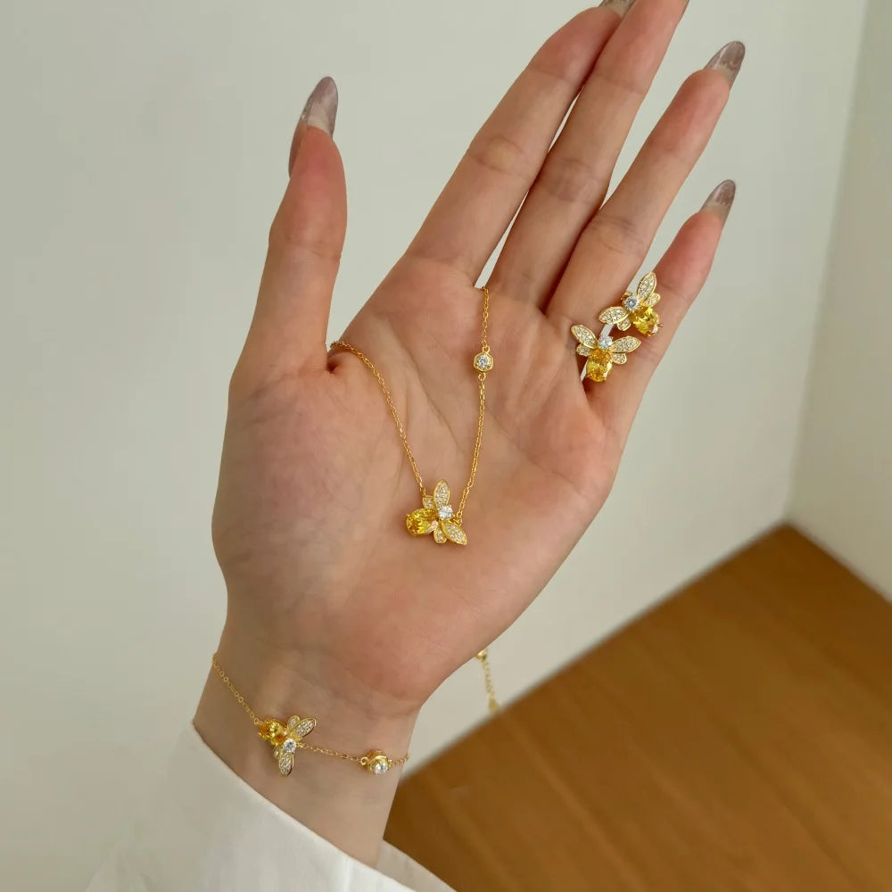 Silver Zircon Oval Cut Bee Pendant Necklace