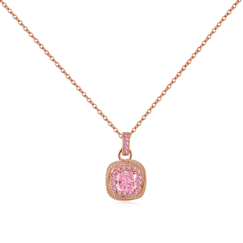 Silver Zircon Cushion Square Cut Halo Pendant Necklace
