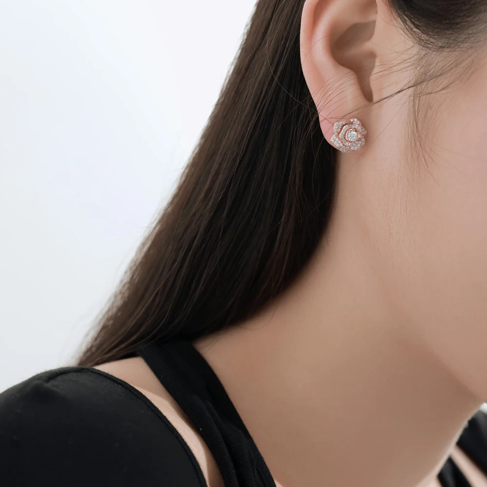 Silver Zircon Round Cut Iced Rose Ear Studs