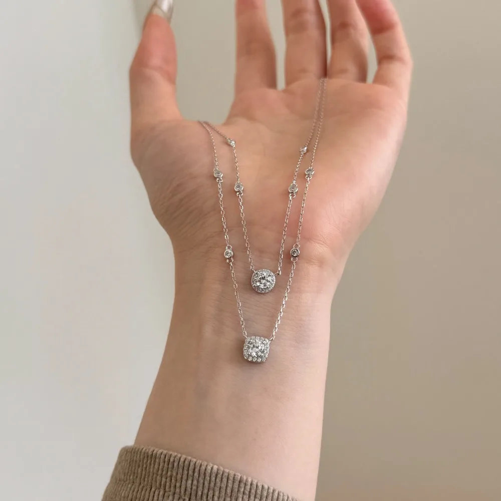 Silver Zircon Round Cut Halo Dots Pendant Necklace