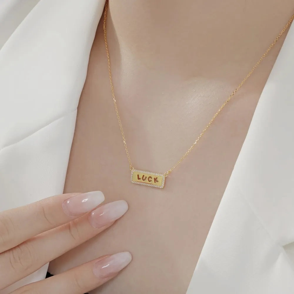 Silver Zircon Round Cut Luck Bar Necklace