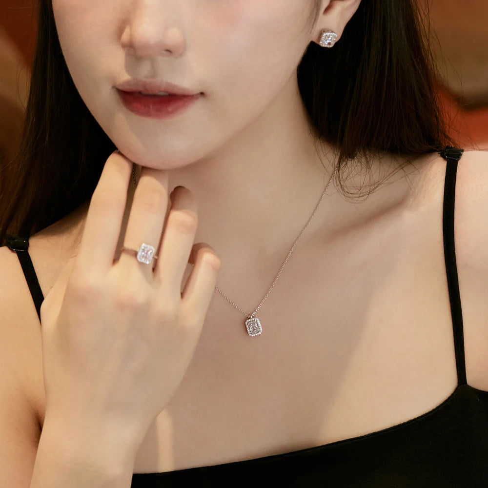 Silver Zircon Radiant Cut Sided Halo Pendant Necklace