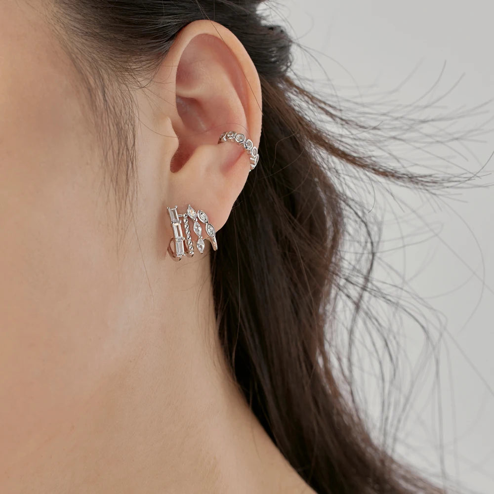 Silver Zircon Round Cut Wrapped Inlaid Ear Cuffs
