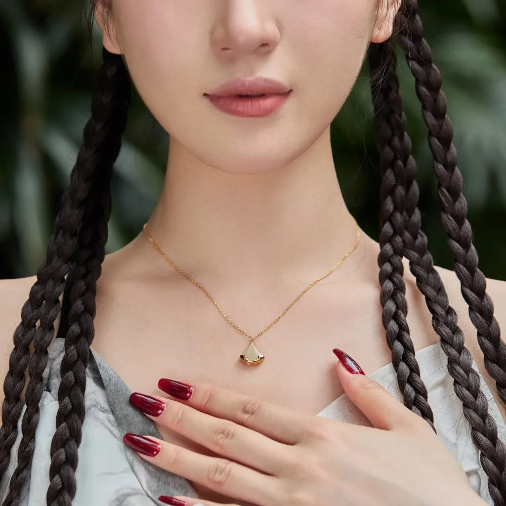 Silver Jade Ginkgo Leaf Pendant Necklace