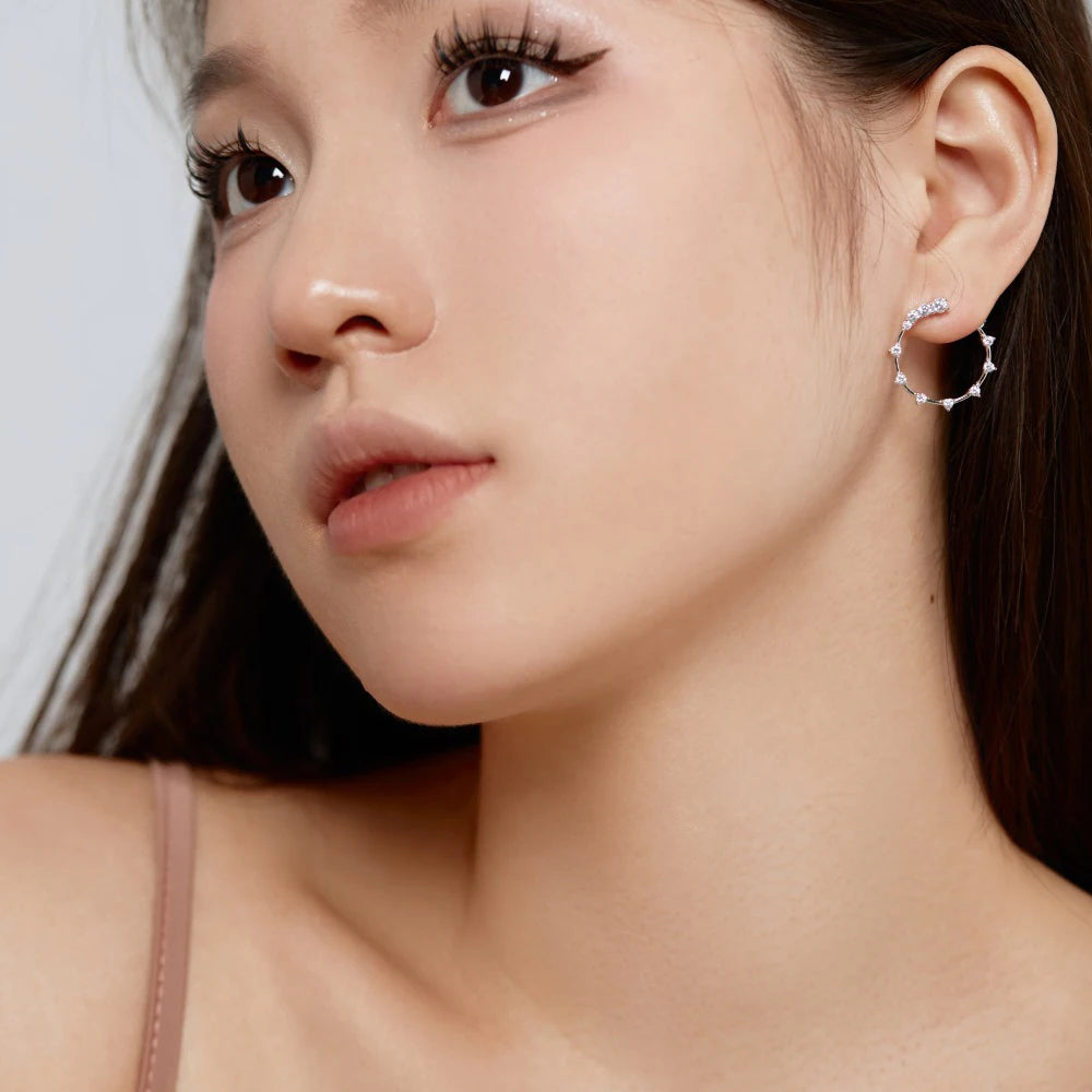 Silver Zircon Round Cut Inlaid Spiky Ear Studs