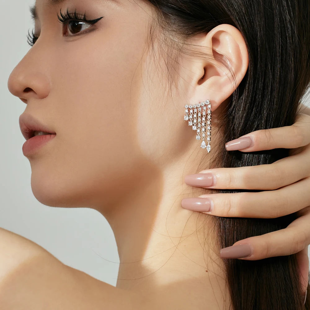 Silver Zircon Pear Cut Multi Layer Tassel Drop Earrings