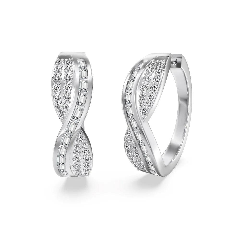Silver Zircon Baguette Cut Iced Twisted Ear Hoops