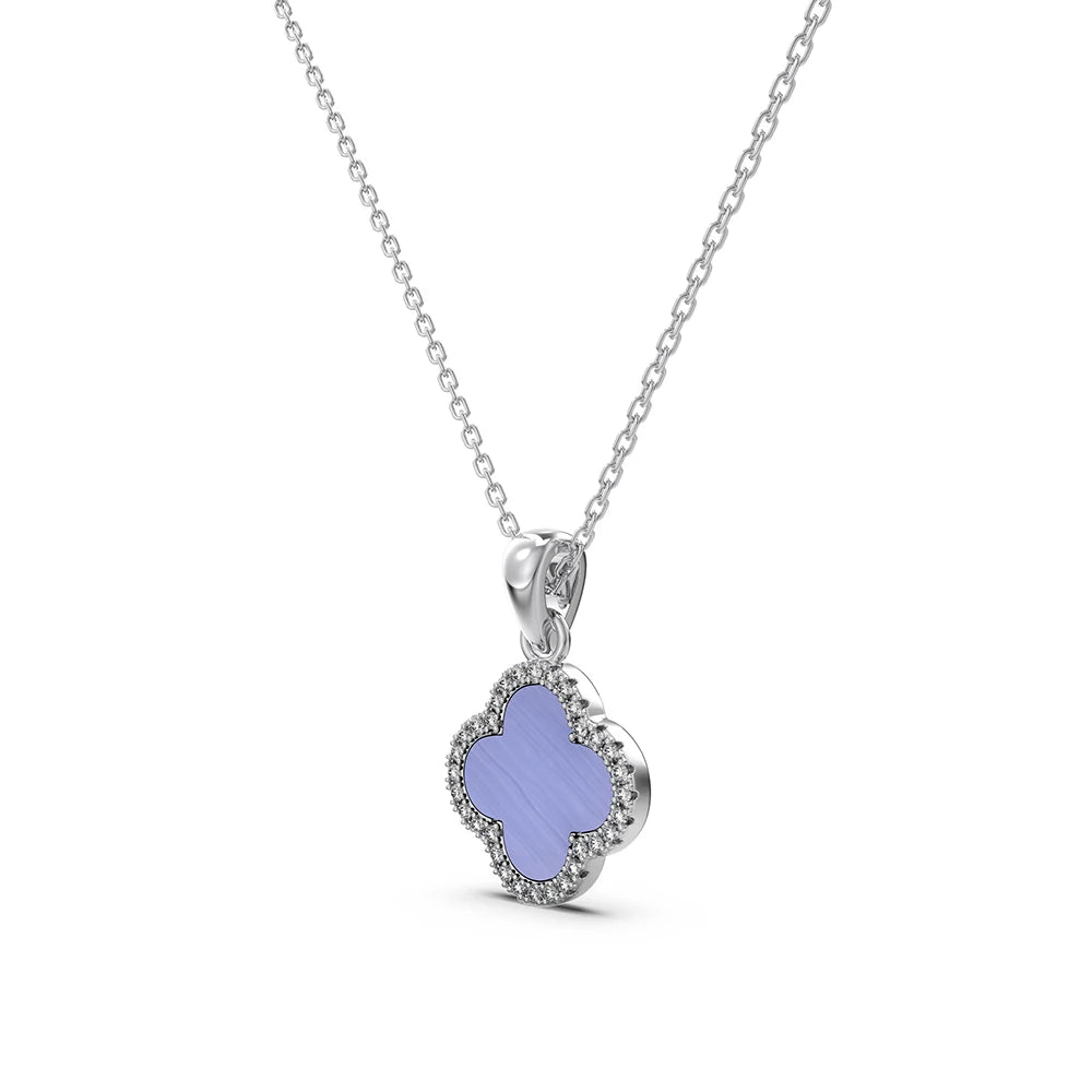 Silver Zircon Round Cut Inlaid Clover Pendant Necklace