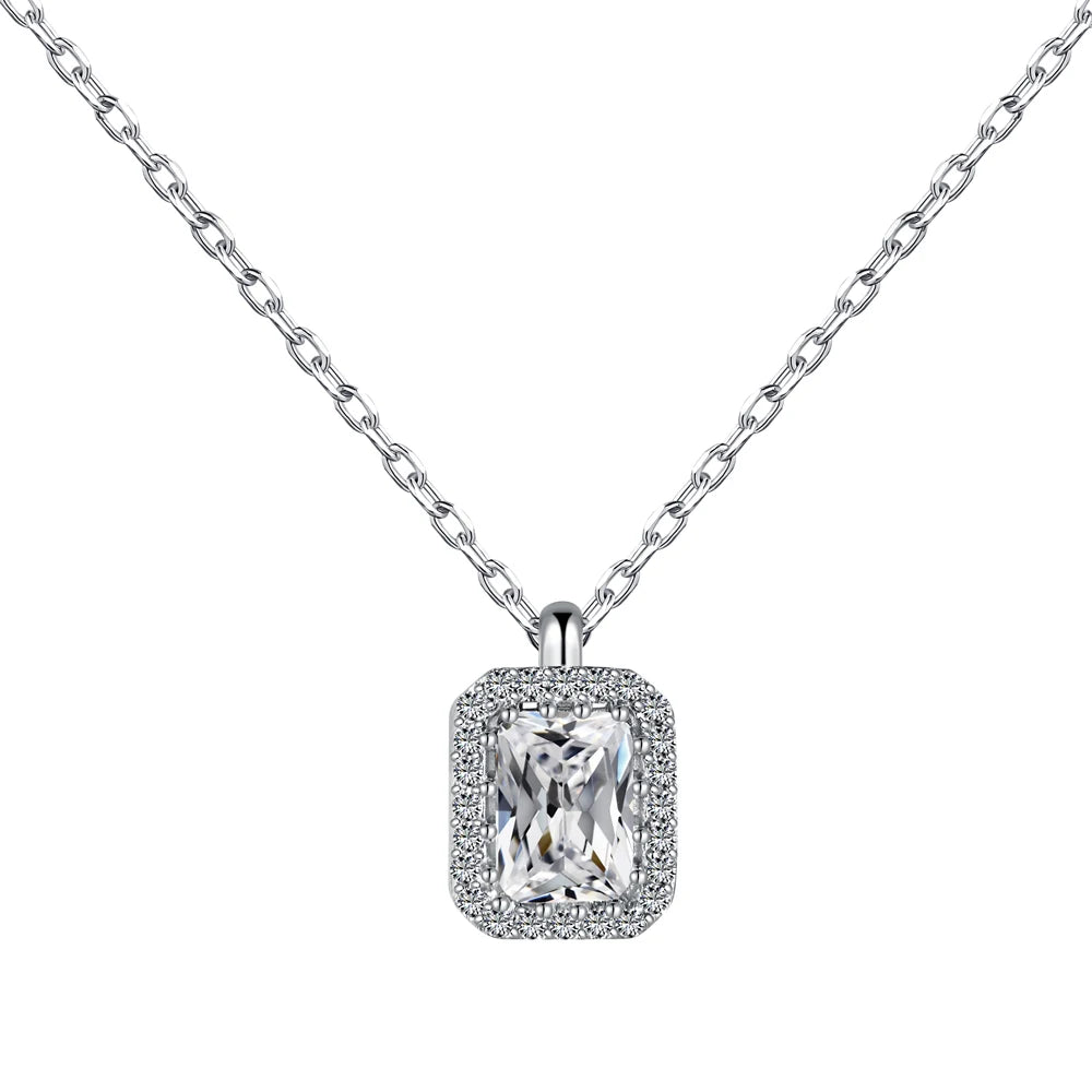Silver Zircon Radiant Cut Sided Halo Pendant Necklace