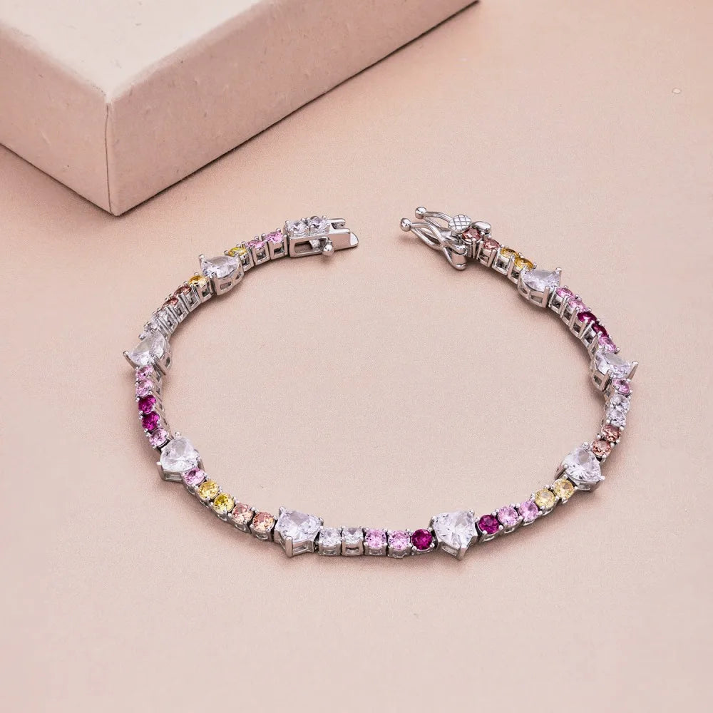 Silver Zircon Heart Cut Charm Tennis Bracelet