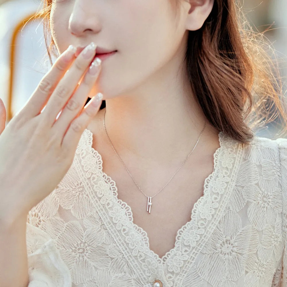Silver Pearl Double Layer Bar Pendant Necklace