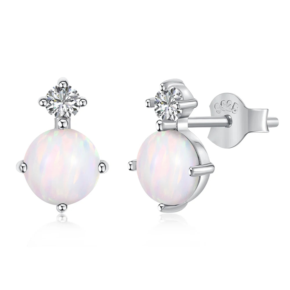 Silver Opal Round Cut Simple Ear Studs