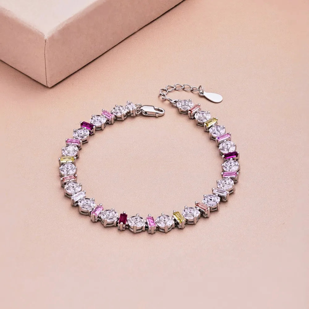Silver Zircon Princess Cut Duel Shape Tennis Bracelet