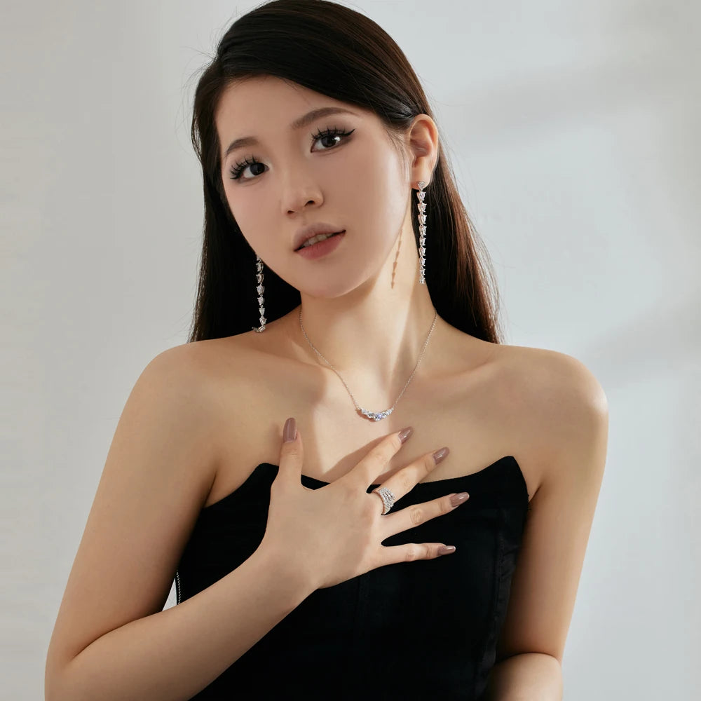 Silver Zircon Pear Cut Smile Bar Necklace