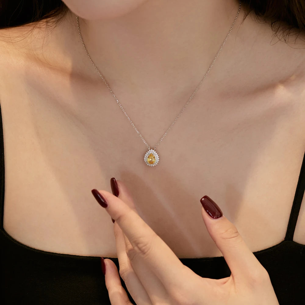 Silver Zircon Pear Cut Inlaid Halo Water Drop Pendant Necklace